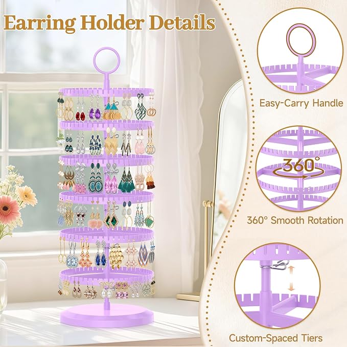 MODOWEY Rotating Earring Holder Organizer Adjustable Display, 6 Tier Purple | - Image 2