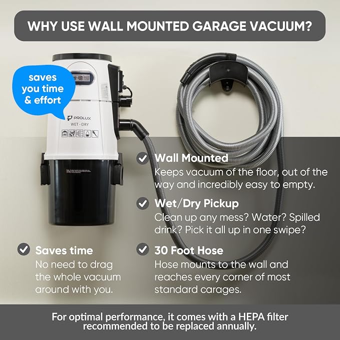 Prolux Professional Shop White Wall Mounted Garage Vac, Wet Dry Pick Up - Image 5