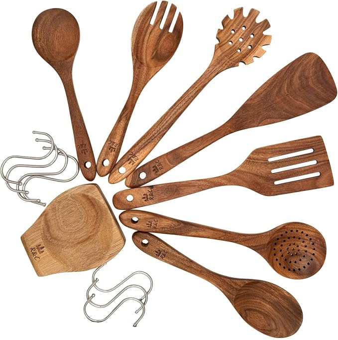 R&C Wooden Kitchen Utensil Set, 9-Piece Teak Cooking Tools - Image 5