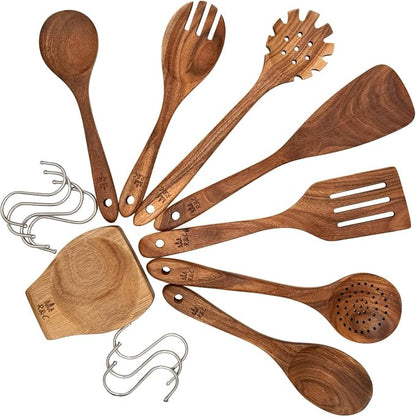 R&C Wooden Kitchen Utensil Set, 9-Piece Teak Cooking Tools - Image 5