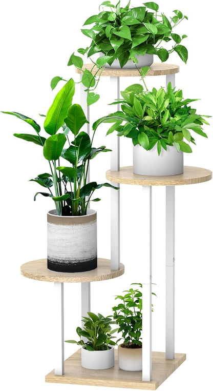 4 Tier Wood Tall Plant Stand Metal Rack Indoor, Round Planter Shelf Display by YOCOMEY