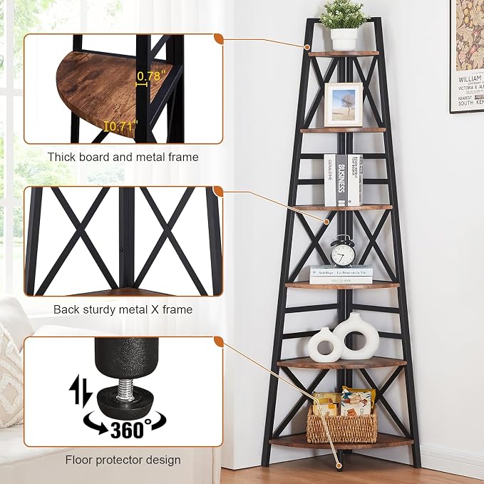 HOMBAZAAR 6 Tier Corner Shelf, 72 Inch Industrial Corner Bookshelf, Tall Ladder - Image 5