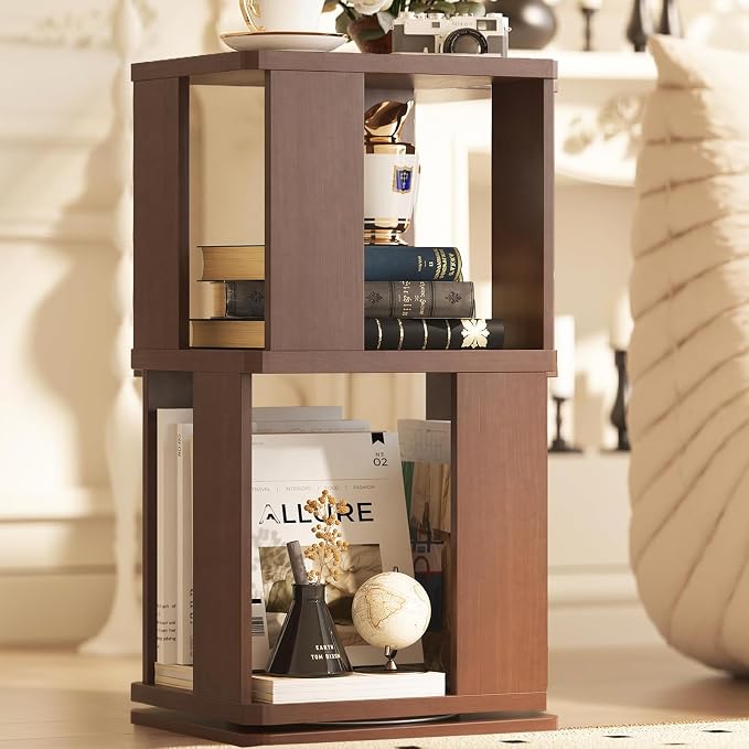 Easyego 2 Tier Solid Wood Rotating Bookshelf, 360° Upgrade Spinning Book Shelf by Easyego