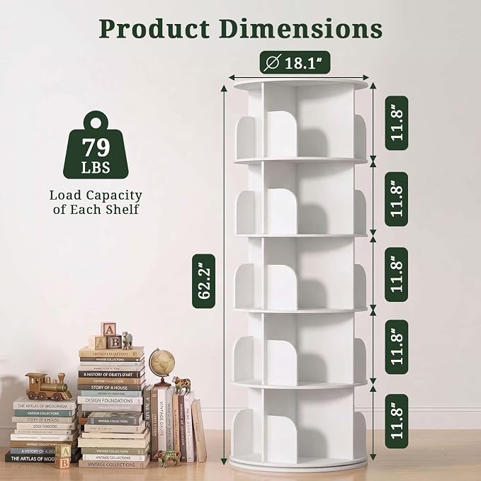 5 Tier Rotating Bookshelf Tower, Round Spinning Bookshelf | 360°revolving - Image 3