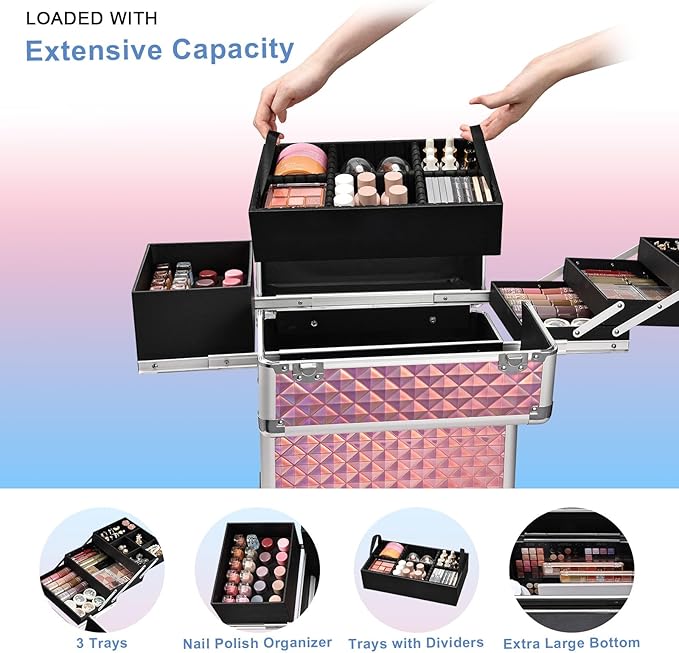 Stagiant Rolling Makeup Train Case Large Storage Cosmetic Trolley 4 Tray - Image 3