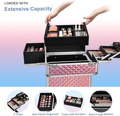 Stagiant Rolling Makeup Train Case Large Storage Cosmetic Trolley 4 Tray - Image 3