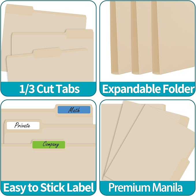 100 Packs Manila File Folder, Manilla Folder 8.5x11, 1/3 Cut Tabs Folder - Image 3