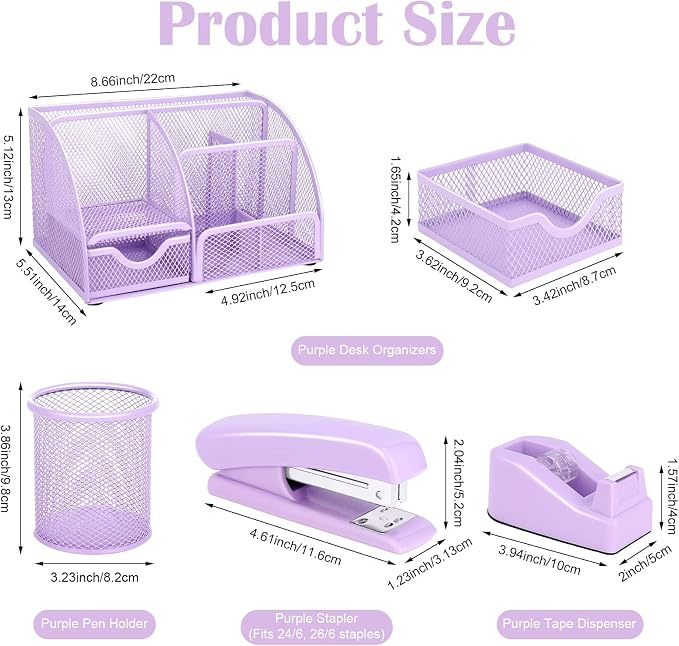 Purple Mesh Desk Organizer and Accessories, Tape Dispenser, 1000 Staples - Image 2