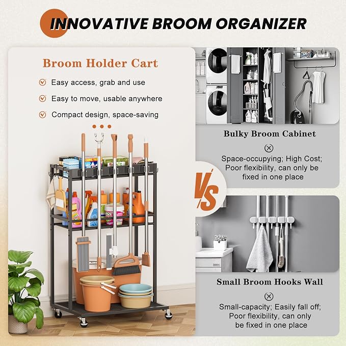 Broom Holder with Cleaning Supplies Organizer, Broom Closet Storage Cabinet - Image 7