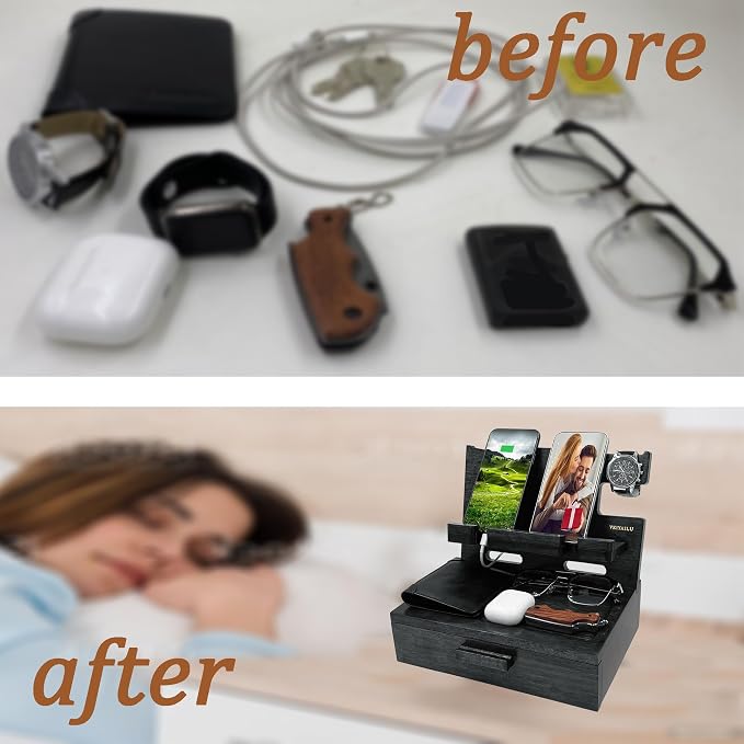 Gifts for Him Husband Boyfriend Son Men Nightstand Organizer Wood Phone Docking - Image 7