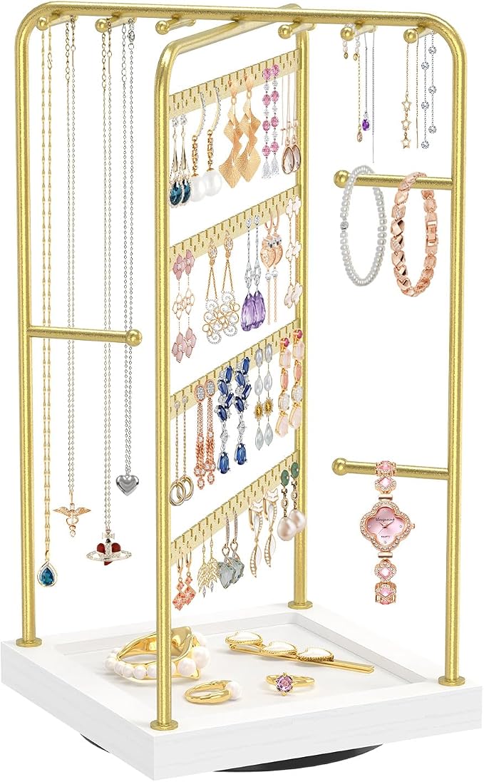 MODOWEY Earring Necklace Holder Organizer Wood Rotating Jewelry Tree, Spinning by MODOWEY