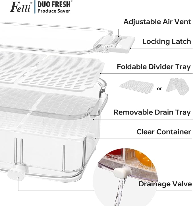 Felli Duo Fresh Produce Saver for Fridge, Fruit Vegetable Container - Image 3