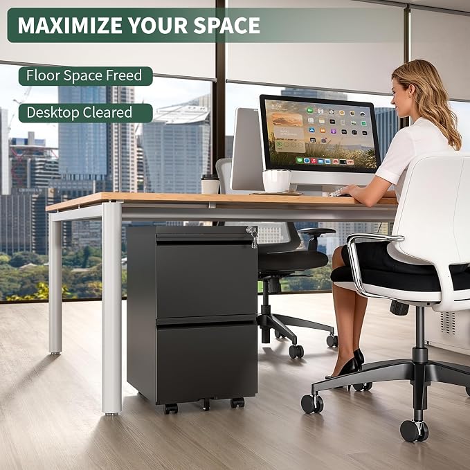 2 Drawer File Cabinet with Lock, Under Desk Rolling Small Filing Cabinet - Image 4