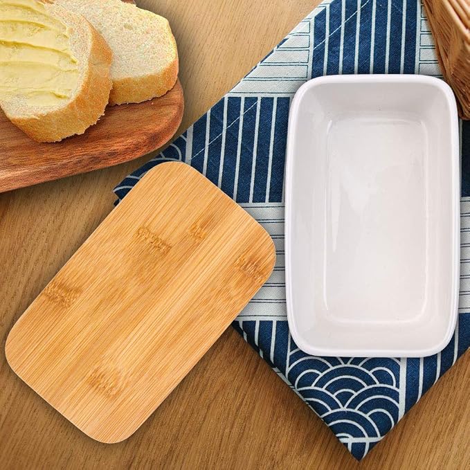 Butter Dish with Lid, LARGE 650ml Porcelain Keeper with Bamboo Lid Cover - Image 2