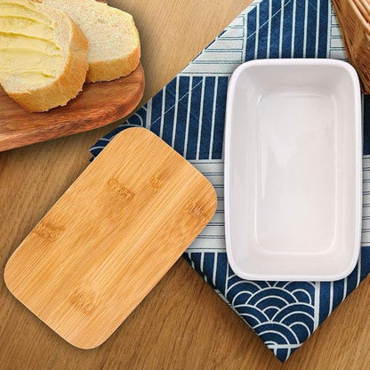 Butter Dish with Lid, LARGE 650ml Porcelain Keeper with Bamboo Lid Cover - Image 2