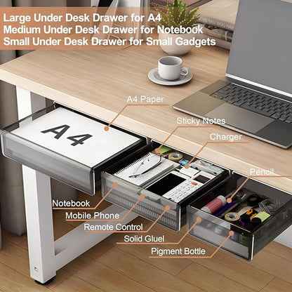 Under Desk Table Drawer Storage Organizer, 3 Pack Large & Medium & Small Slide - Image 3