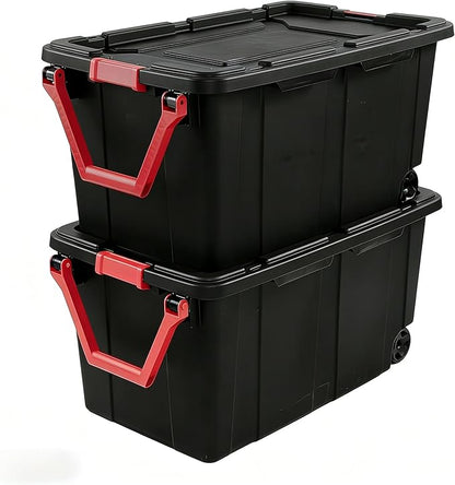 40-gallon wheeled plastic storage boxes by Unknown
