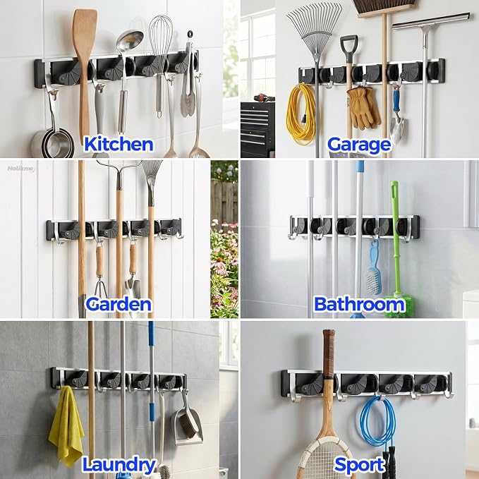 Holikme Mop Broom Holder Wall Mount Metal Pantry Organization and Storage - Image 5