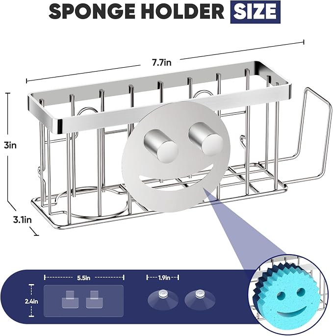 Sponge Holder for Kitchen Sink, Sink Caddy Smiley Face, 4-in-1 Sponge Holder - Image 2