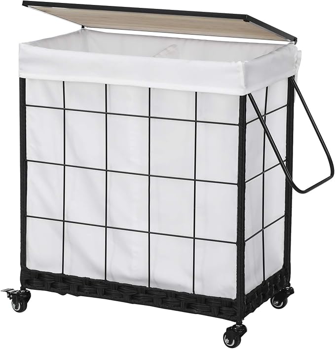 Durable Laundry Hamper with Removable Liner Bag, Heavy Duty Wheels, Wood Lid by Hermina