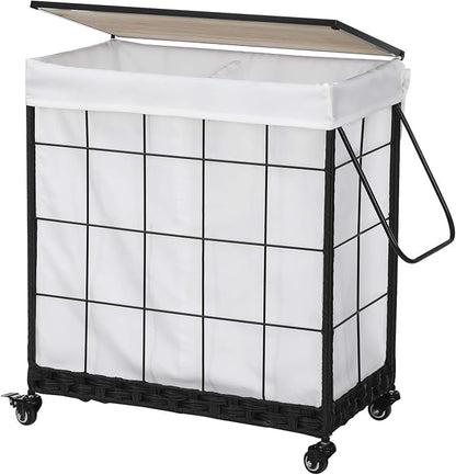 Durable Laundry Hamper with Removable Liner Bag, Heavy Duty Wheels, Wood Lid by Hermina