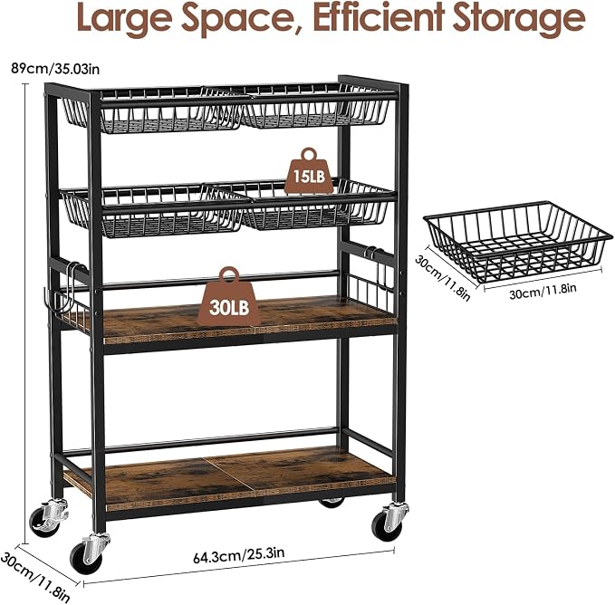Kitchen Storage Cart, 4 Tier Utility Rolling Snack Cart, Fruit & Vegetables - Image 5