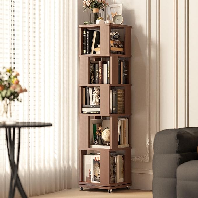 68-Inch 5 Tier Solid Wood Rotating Bookshelf Tower on Wheels, 360° Upgrade by Easyego