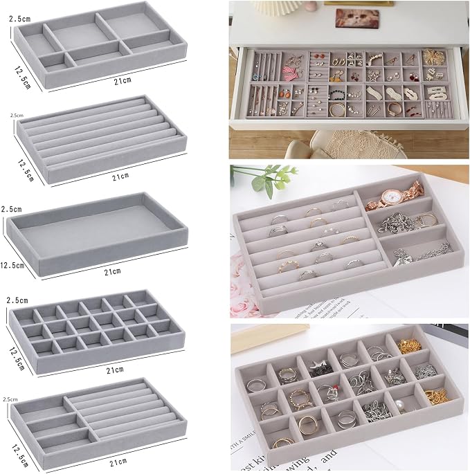 10 Pack Jewelry Organizer Tray Drawer Inserts Stackable Velvet Liner Dividers - Image 6