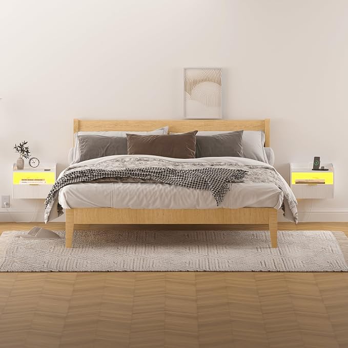 White Floating Nightstand with Charging Station and LED Lights - Image 3