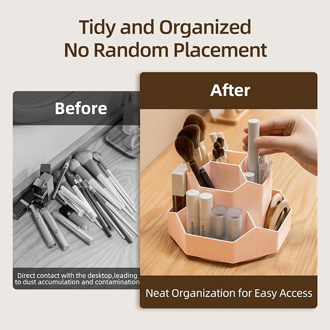 360° Rotating Pink Makeup Brush Holder Organizer - Image 8