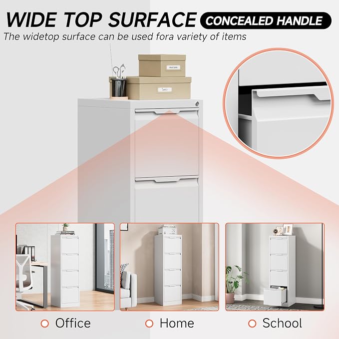 4 Drawer File Cabinet with Lock, 17.8" Deep Metal Filing Cabinet, Vertical File - Image 6