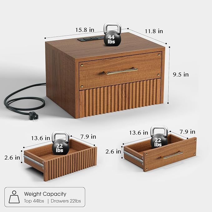 Floating Nightstand Set of 2, Mid Century Modern Wall Mounted Bedside Table - Image 2