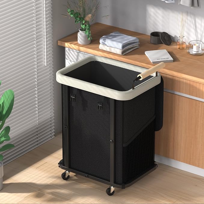 40 Gal Laundry Hamper with Lid, Leather Patchwork Laundry Baskets with Wheels by ELOWEN