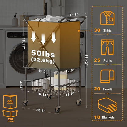 Laundry Basket with Wheels:88L Rolling Laundry Cart Foldable Metal Frame Dirty - Image 7