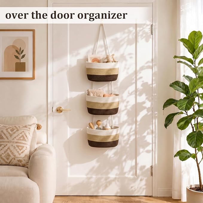 TeoKJ Over the Door Hanging Basket, 3-Tier Woven Cotton Wall-Mounted Storage - Image 2