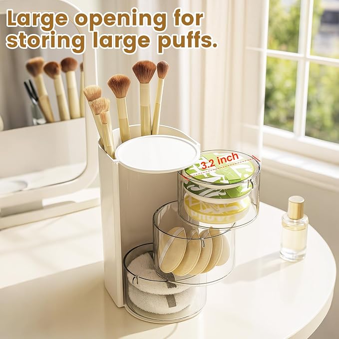 Rotating Makeup Organizer with Brush Holder, DIY 3-Layers Drawer Skincare & - Image 4