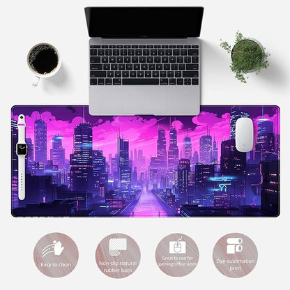 Desk Pad Cyberpunk Purple Desk Mat City Skyline Gaming Extended Mouse Pad Big - Image 2