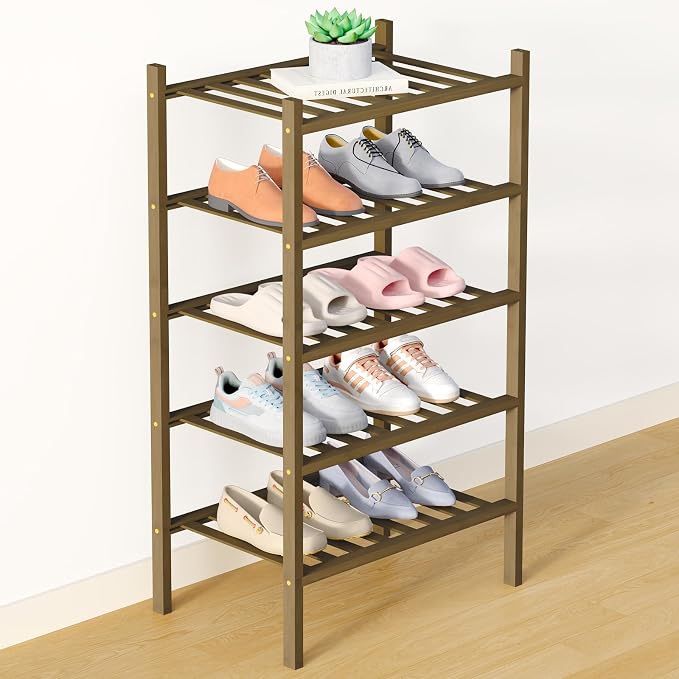 Smiry Bamboo Shoe Rack for Closet, 5 Tier Small Wooden Stackable Shoe Organizer by Smiry