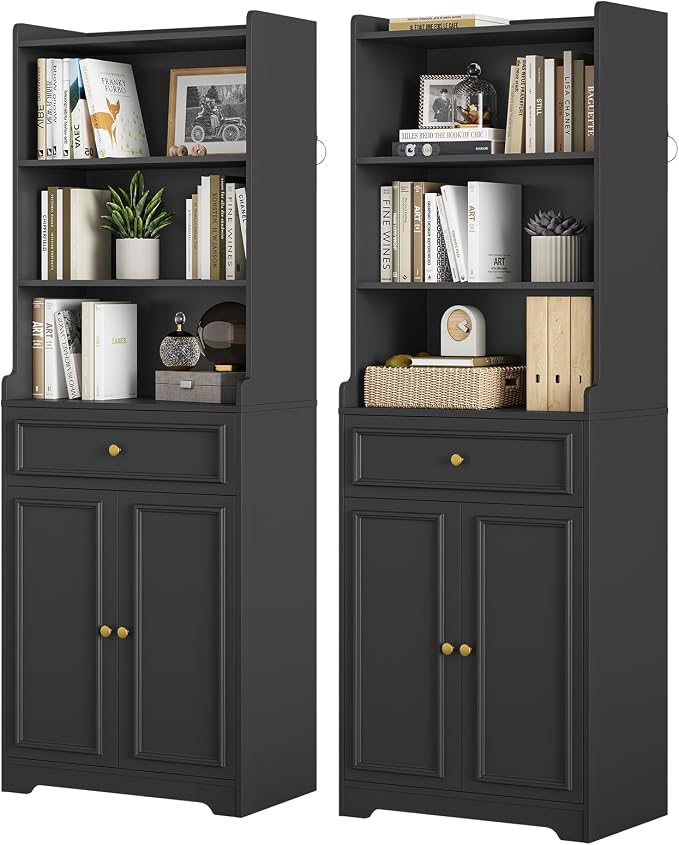 DICTAC Bookcase Set of 2 with Drawer and Doors 73.23''Tall Bookshelf with - Image 9