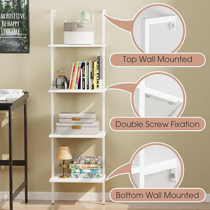 Ladder Shelf 4 Tiers Metal Industrial Bookshelf, Wall Mount Wide Bookcase - Image 6
