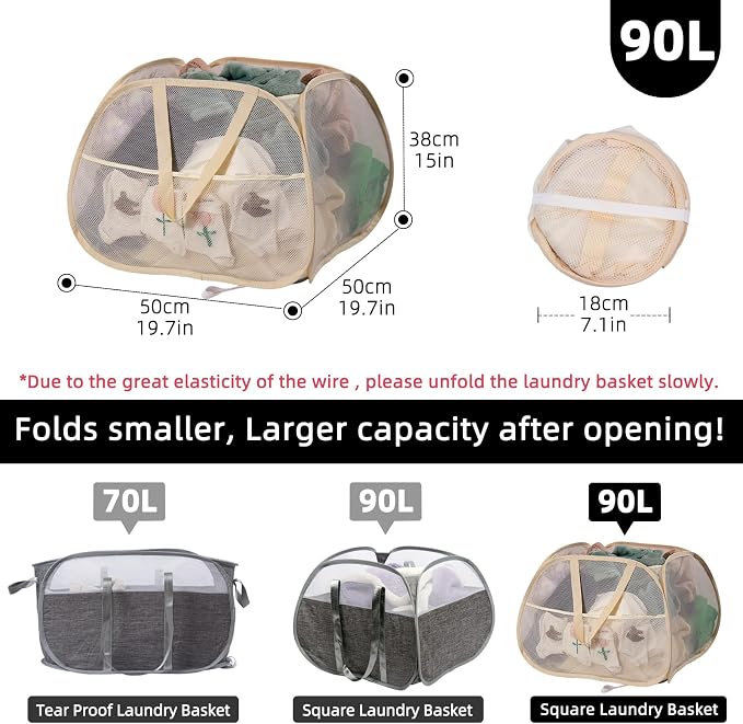 Collapsible Laundry Basket, 90L Mesh Pop-up Hamper - Image 2