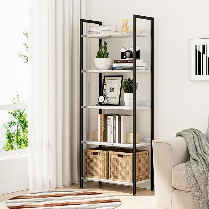 NUMENN Bookshelf, 5 Tier Freestanding Shelving Unit, Falling Prevention Baffle - Image 2