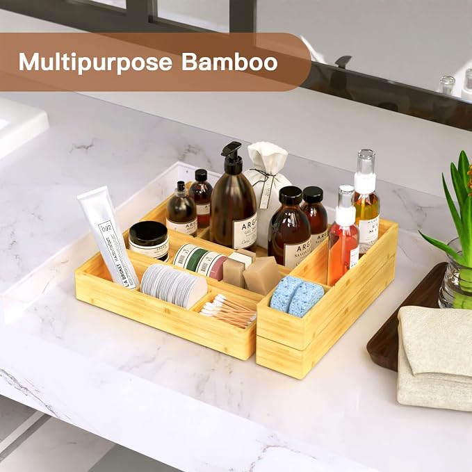 DUJEN 5 pieces Bamboo Drawer Organizer, Adjustable 3 Individual Junk Drawer - Image 5