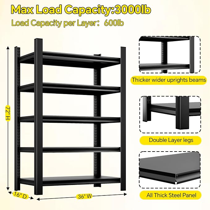 CJF Adjustable Garage Storage Shelves, 5-Tier Garage Shelving Heavy Duty - Image 3