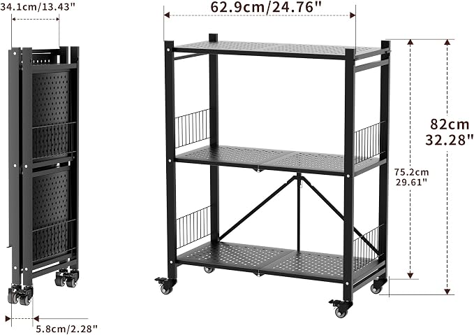 Folding Storage Shelves No Assembly, 3 Tier Metal Foldable Shelves - Image 2