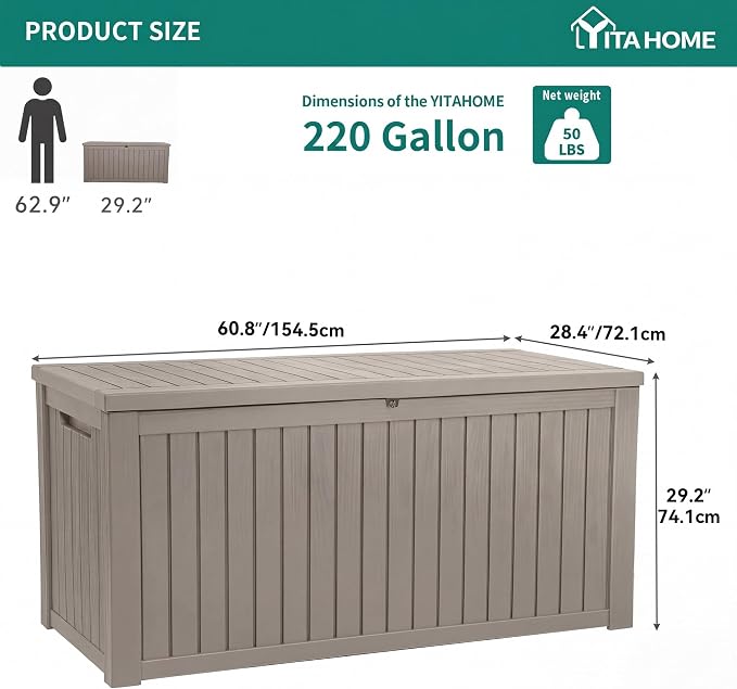 YITAHOME 220 Gallon Large Outdoor Storage XL Deck Box w/Divider - Image 7