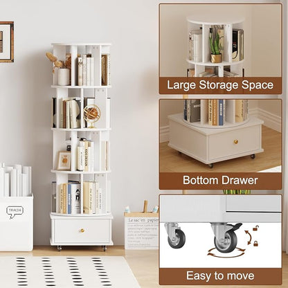 4-Tier Rotating Bookshelf with Drawers on Wheels, 360° Spinning Corner Bookcase - Image 5
