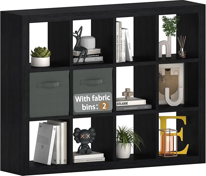 furtble Bookshelf with Storage Bin, 12-Cube Storage Organizer, Modern Wood Open by furtble