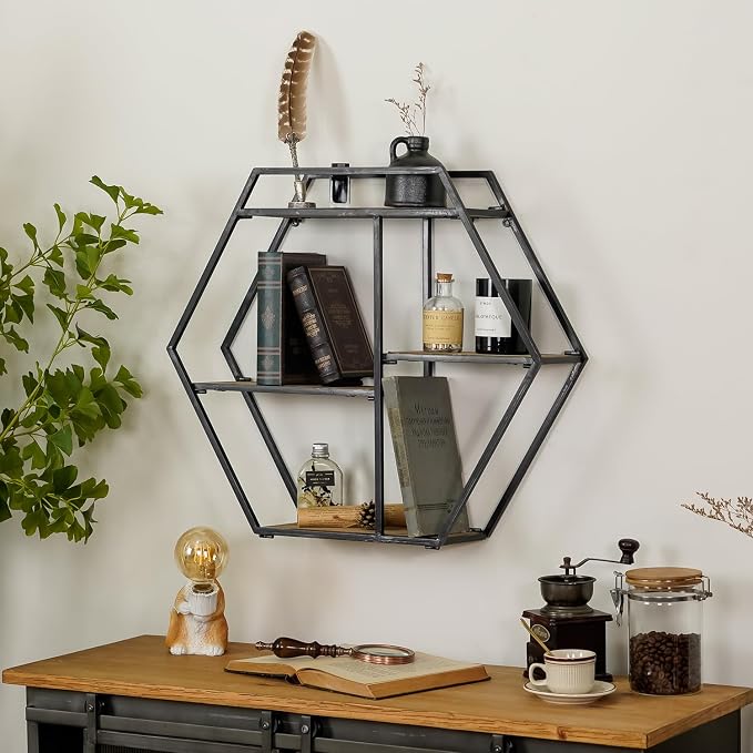 4 Tier Industrial Style Foldable Hexagon-Shaped Wall Shelves | 21" x 24" - Image 2
