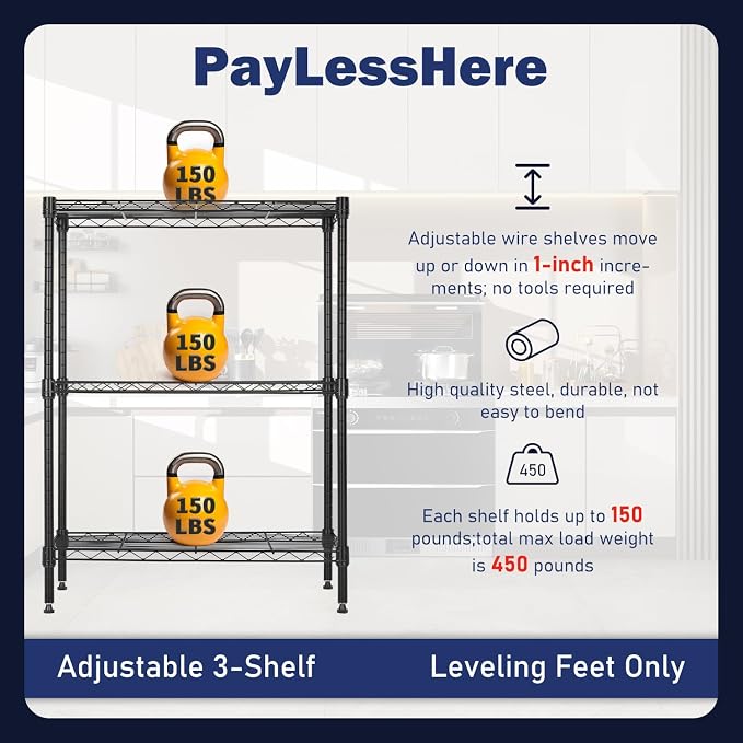 PayLessHere | 3-Tier Wire Shelf | 23"x13"x30" | Black | Adjustable Racks | - Image 7